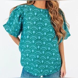 J.Marie Puff Sleeve Top Geometrical Short Sleeve  size S
